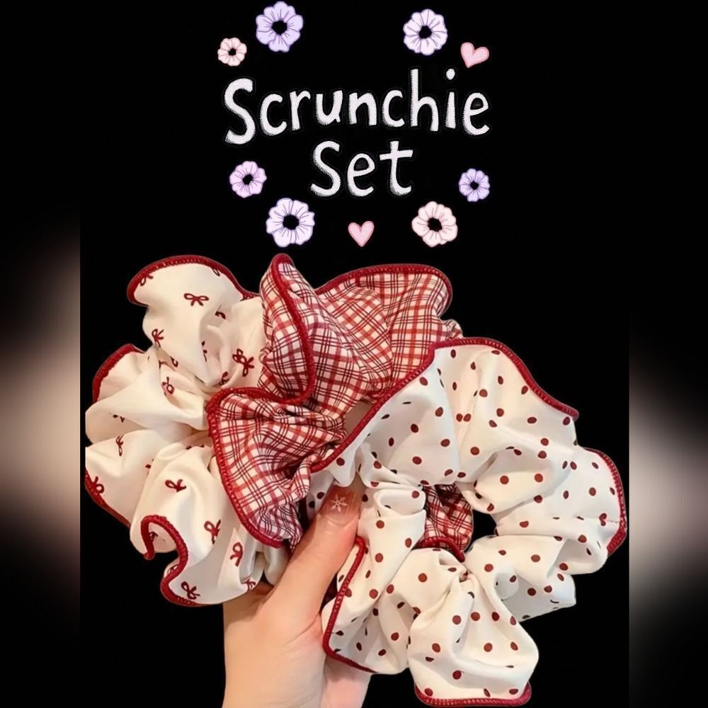 Red Polka Dot Plaid Bow 3pc. Scrunchie Set New